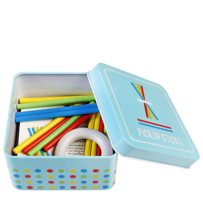 Wooden Pick Up Sticks in a Tin